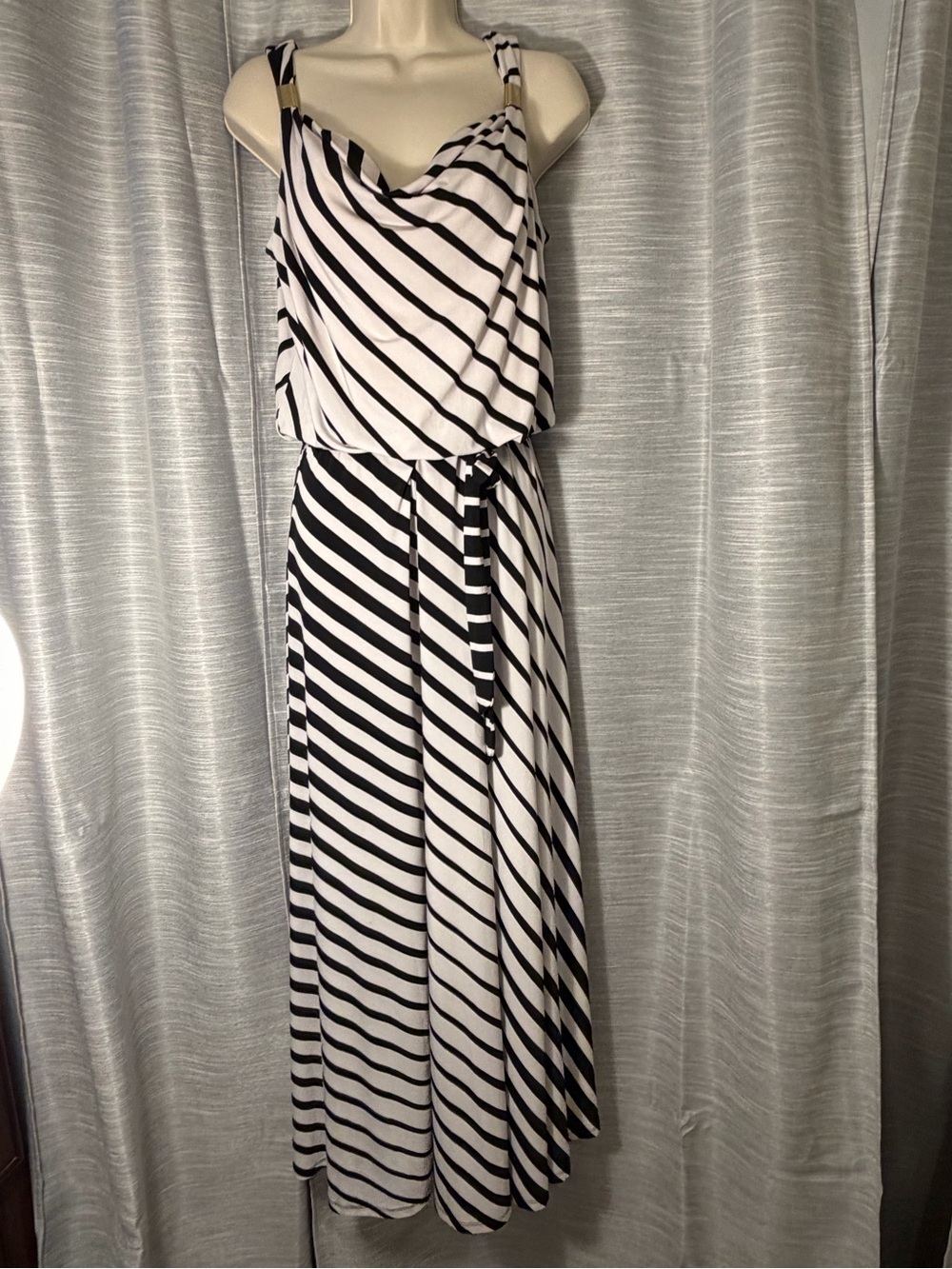 Calvin Klein Black and White Striped Cowl Neck Maxi Dress
